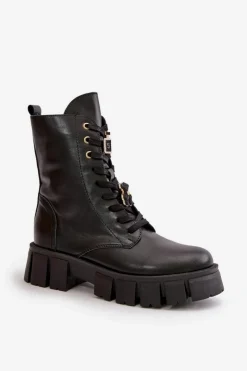Damskie CheBello Damskie Skórzane Botki Workery Z Przypinkami 4247 Czarne