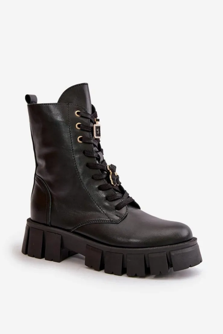 Damskie CheBello Damskie Skórzane Botki Workery Z Przypinkami 4247 Czarne