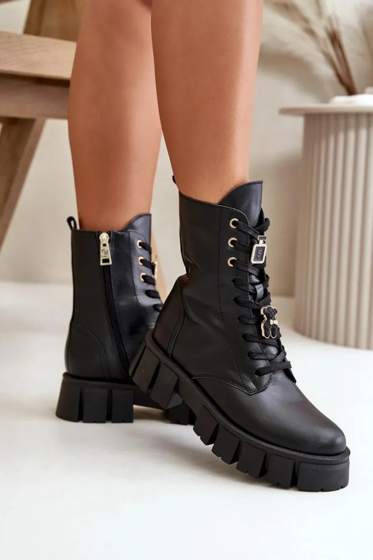 Damskie CheBello Damskie Skórzane Botki Workery Z Przypinkami 4247 Czarne