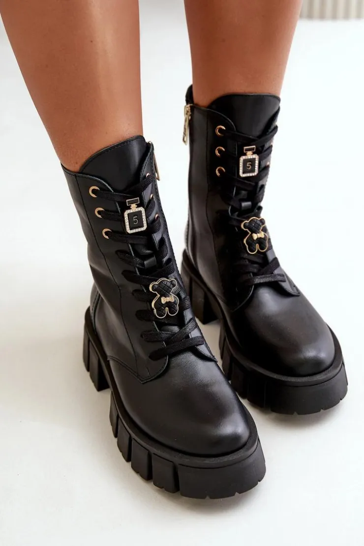 Damskie CheBello Damskie Skórzane Botki Workery Z Przypinkami 4247 Czarne