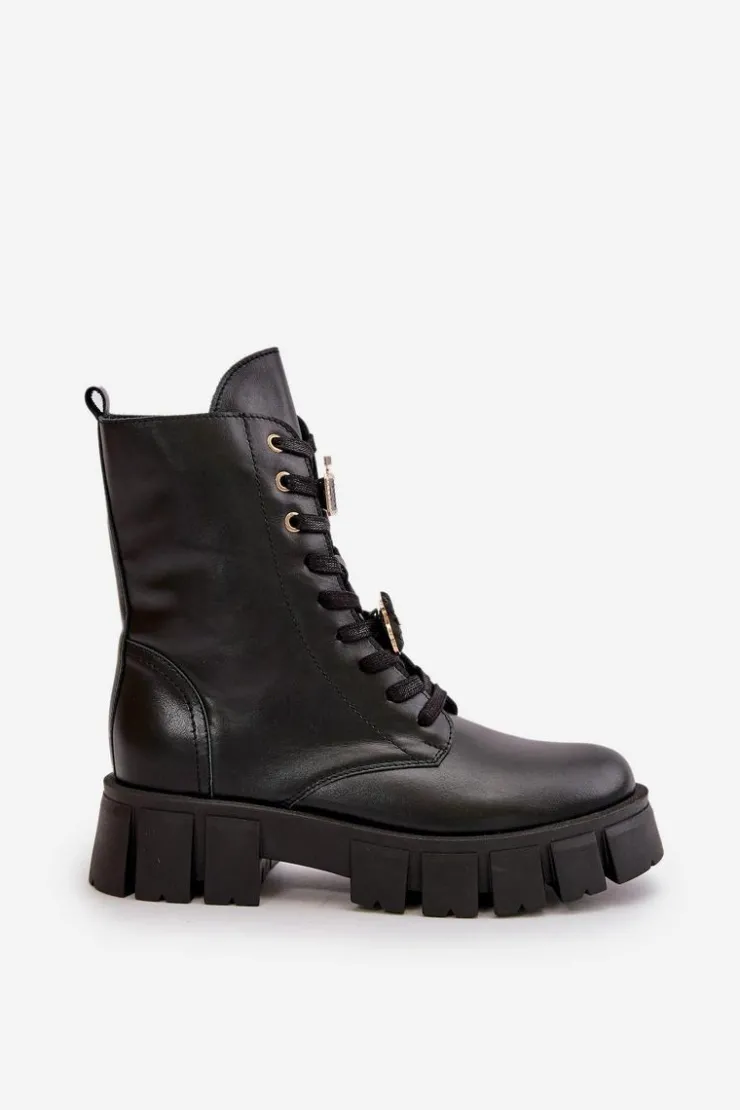 Damskie CheBello Damskie Skórzane Botki Workery Z Przypinkami 4247 Czarne