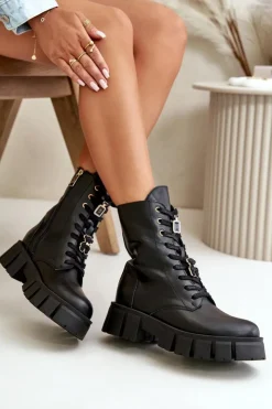 Damskie CheBello Damskie Skórzane Botki Workery Z Przypinkami 4247 Czarne