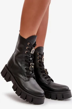 Damskie CheBello Damskie Skórzane Botki Workery Z Przypinkami 4247 Czarne