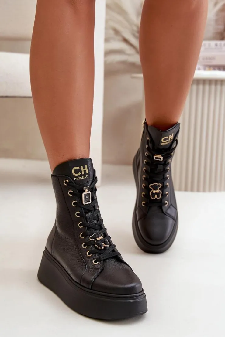 CheBello Damskie Skórzane Botki Workery Z Przypinkami Czarne 4294