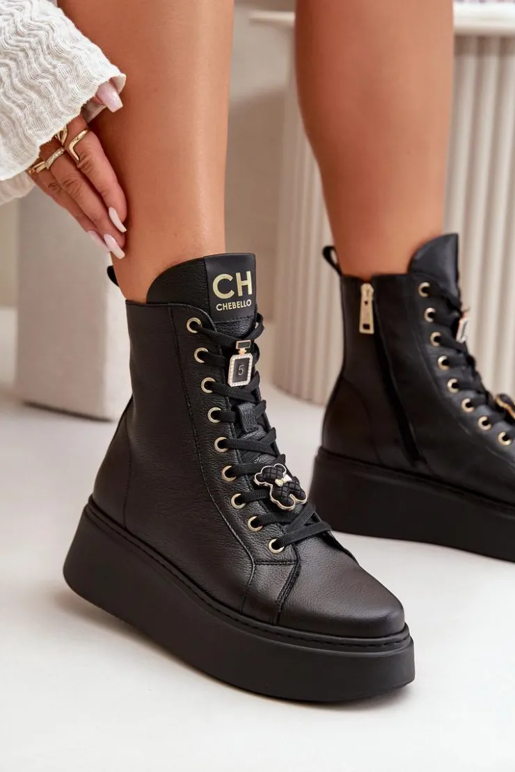 CheBello Damskie Skórzane Botki Workery Z Przypinkami Czarne 4294