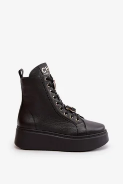 CheBello Damskie Skórzane Botki Workery Z Przypinkami Czarne 4294