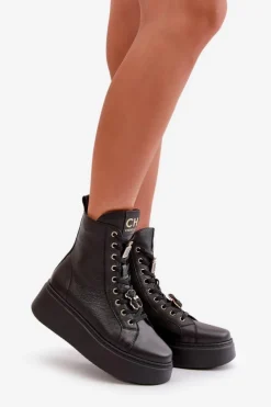 CheBello Damskie Skórzane Botki Workery Z Przypinkami Czarne 4294