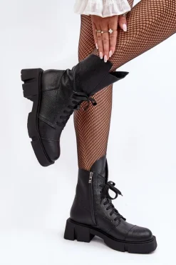 Hot Zazoo Damskie Skórzane Botki Workery Na Masywnym Płaskim Obcasie 976A Czarne