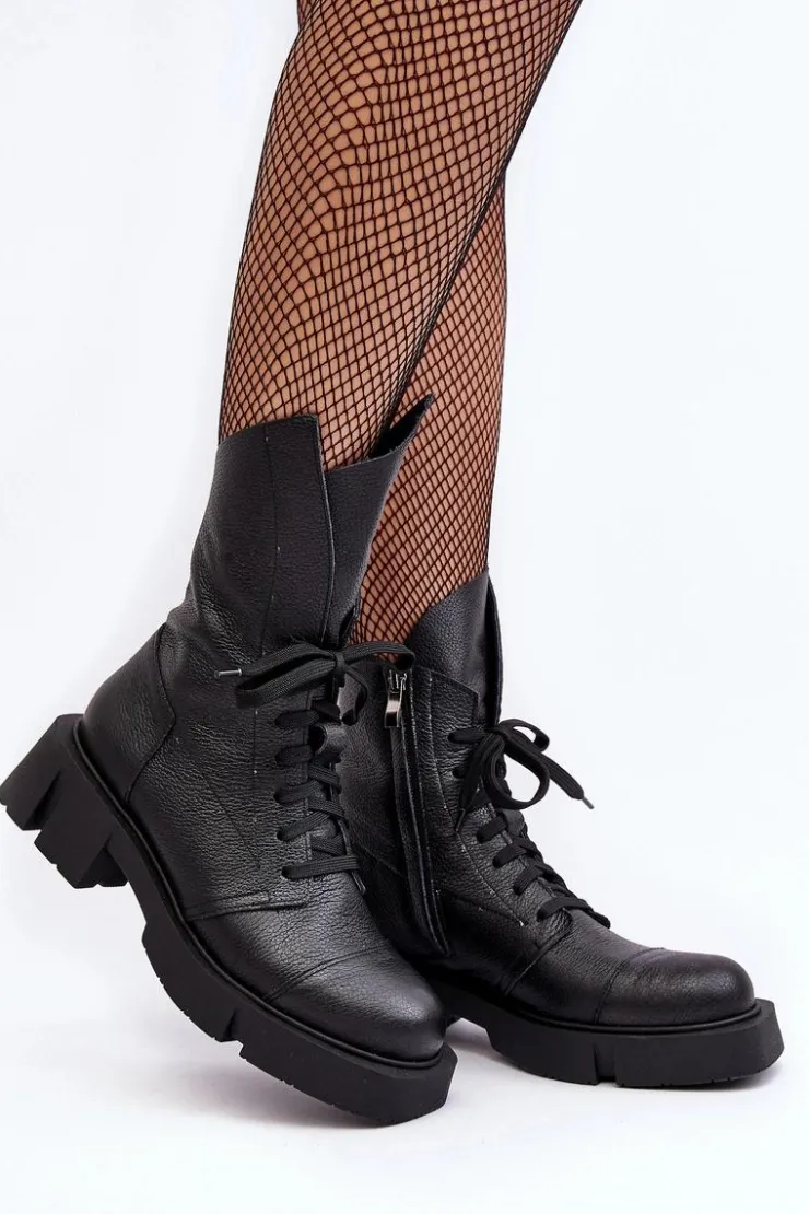 Hot Zazoo Damskie Skórzane Botki Workery Na Masywnym Płaskim Obcasie 976A Czarne