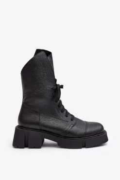 Hot Zazoo Damskie Skórzane Botki Workery Na Masywnym Płaskim Obcasie 976A Czarne