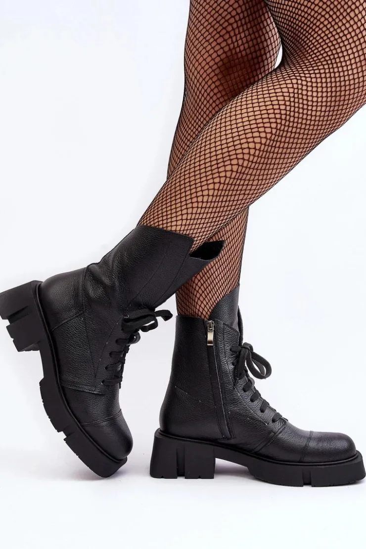 Hot Zazoo Damskie Skórzane Botki Workery Na Masywnym Płaskim Obcasie 976A Czarne