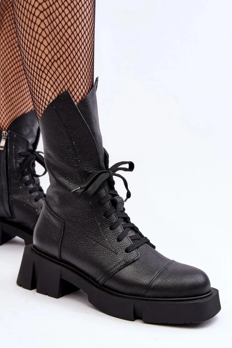 Hot Zazoo Damskie Skórzane Botki Workery Na Masywnym Płaskim Obcasie 976A Czarne