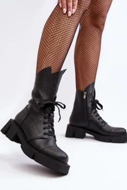 Hot Zazoo Damskie Skórzane Botki Workery Na Masywnym Płaskim Obcasie 976A Czarne