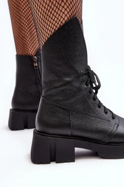 Hot Zazoo Damskie Skórzane Botki Workery Na Masywnym Płaskim Obcasie 976A Czarne