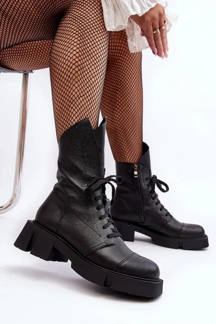 Hot Zazoo Damskie Skórzane Botki Workery Na Masywnym Płaskim Obcasie 976A Czarne