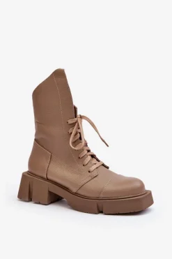 Zazoo Botki Skórzane|Botki Sznurowane*Damskie Skórzane Botki Workery Na Masywnym Płaskim Obcasie 976A Ciemnobeżowe