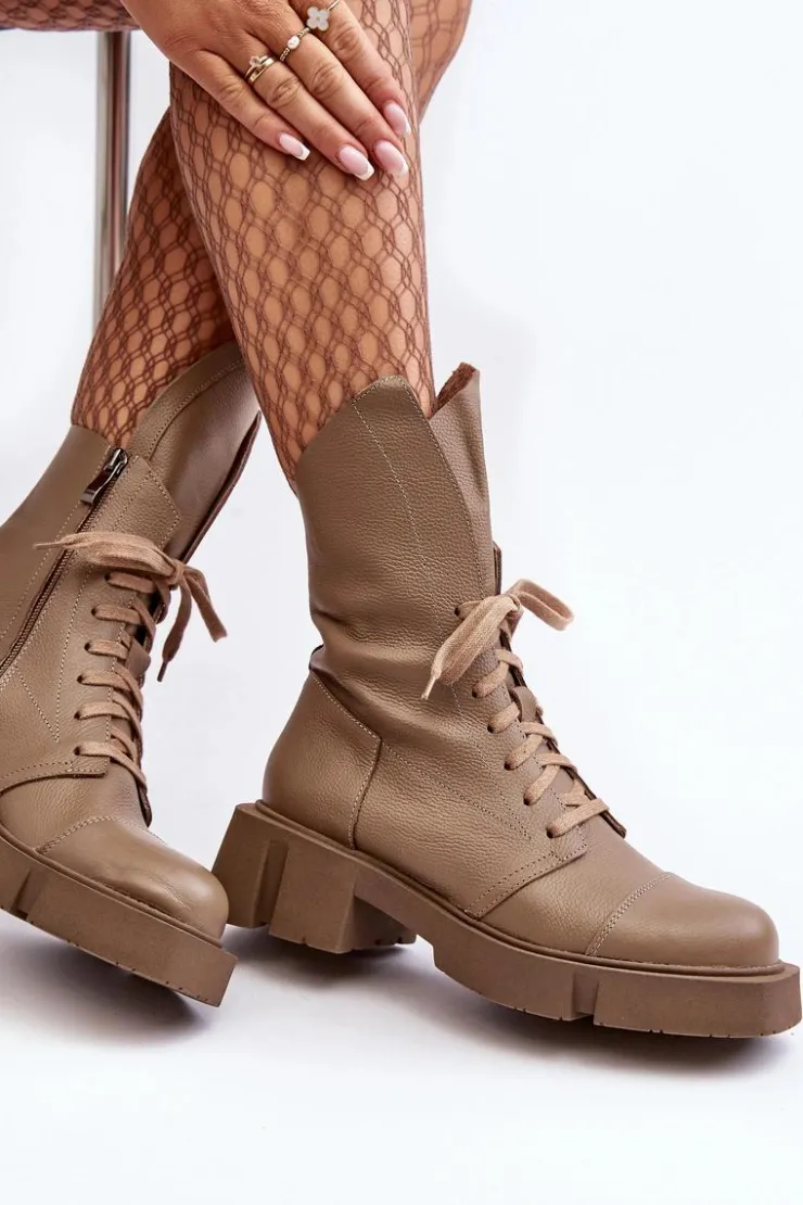 Zazoo Botki Skórzane|Botki Sznurowane*Damskie Skórzane Botki Workery Na Masywnym Płaskim Obcasie 976A Ciemnobeżowe