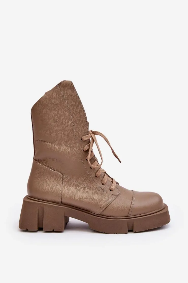 Zazoo Botki Skórzane|Botki Sznurowane*Damskie Skórzane Botki Workery Na Masywnym Płaskim Obcasie 976A Ciemnobeżowe