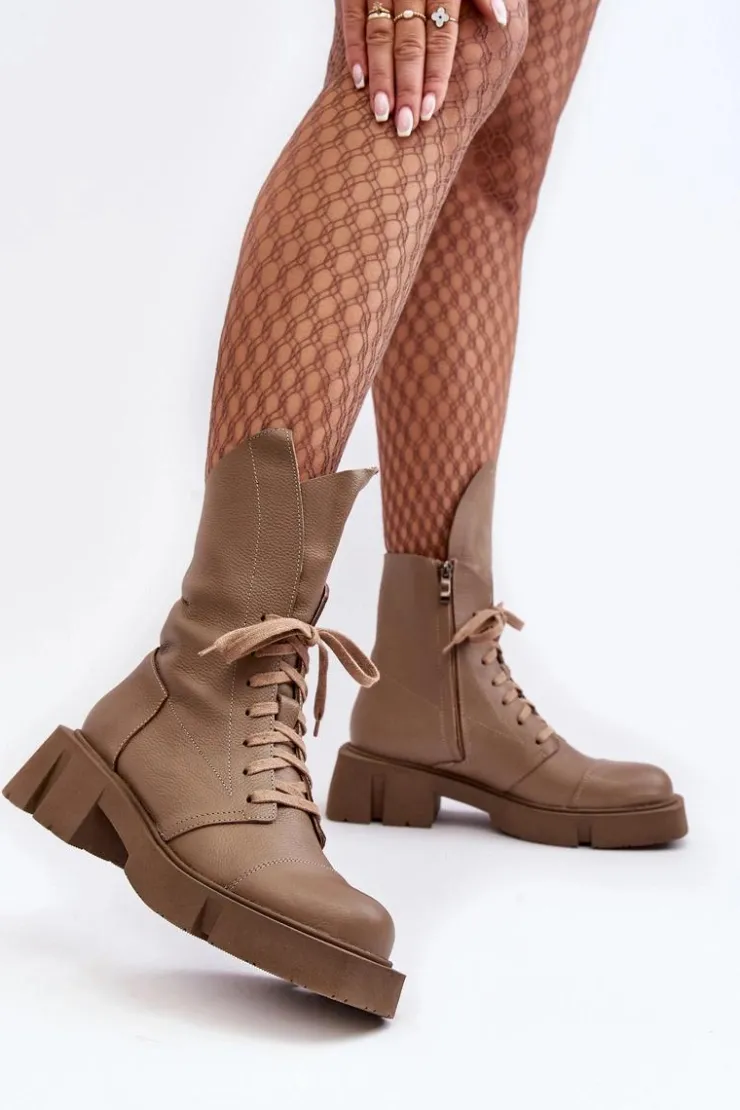 Zazoo Botki Skórzane|Botki Sznurowane*Damskie Skórzane Botki Workery Na Masywnym Płaskim Obcasie 976A Ciemnobeżowe