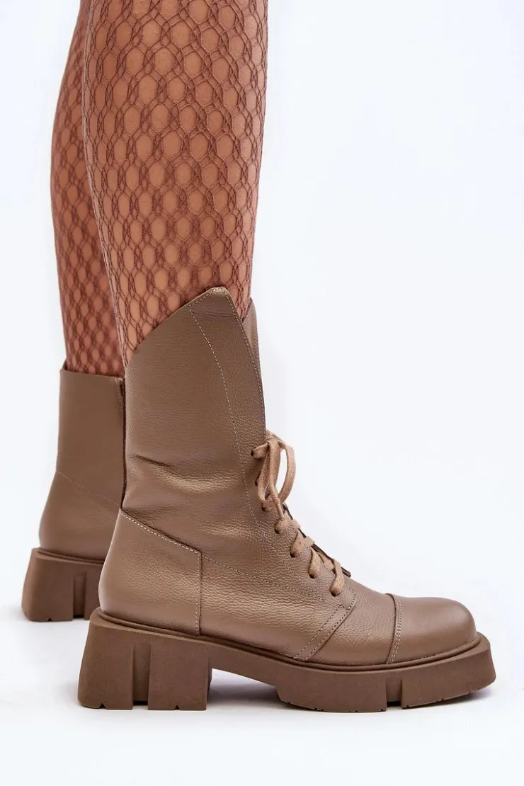 Zazoo Botki Skórzane|Botki Sznurowane*Damskie Skórzane Botki Workery Na Masywnym Płaskim Obcasie 976A Ciemnobeżowe