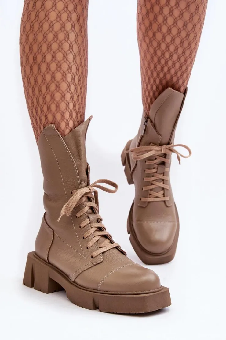 Zazoo Botki Skórzane|Botki Sznurowane*Damskie Skórzane Botki Workery Na Masywnym Płaskim Obcasie 976A Ciemnobeżowe