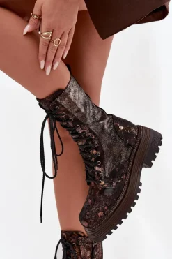 Damskie Maciejka Damskie Skórzane Botki Workery 06203-32 Brązowo-Złote