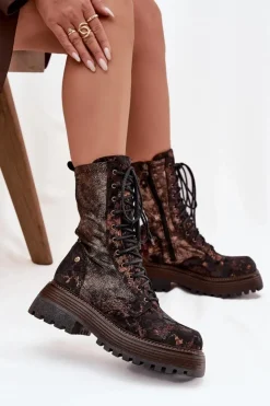 Damskie Maciejka Damskie Skórzane Botki Workery 06203-32 Brązowo-Złote