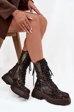 Damskie Maciejka Damskie Skórzane Botki Workery 06203-32 Brązowo-Złote