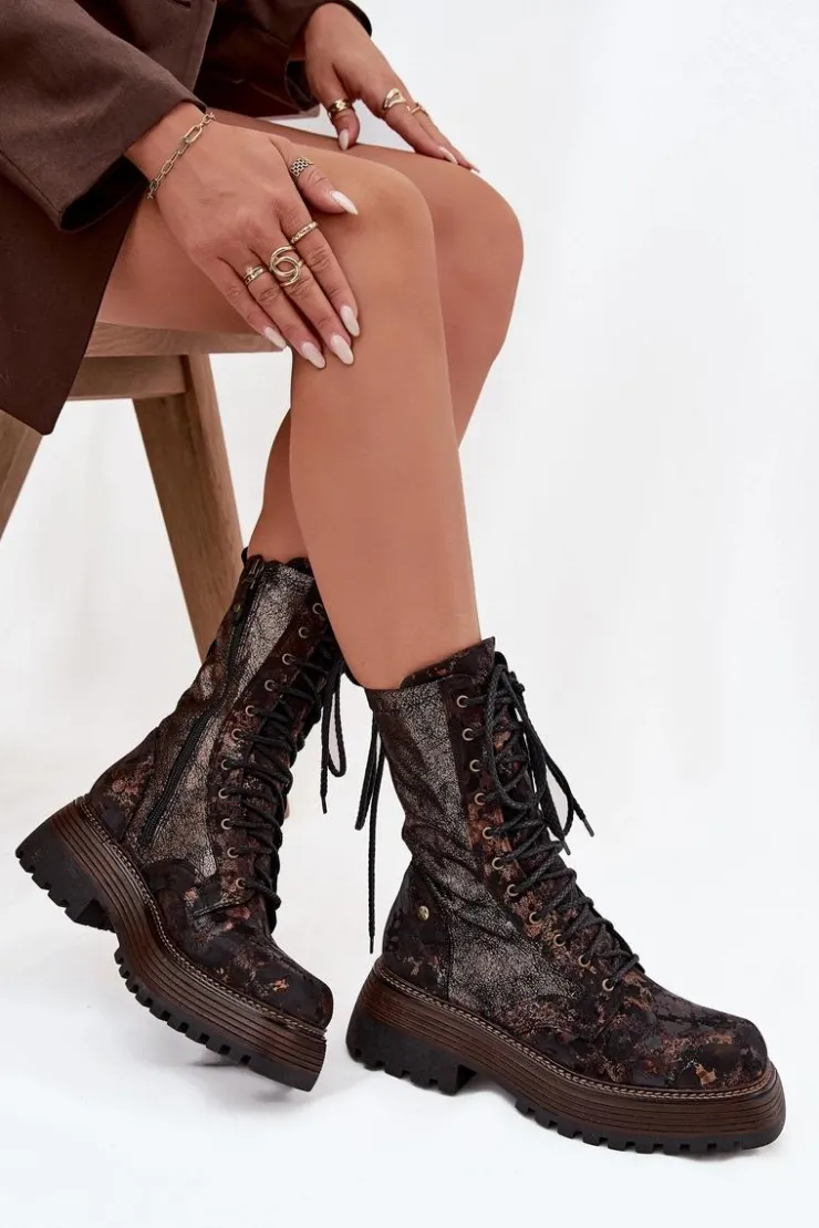 Damskie Maciejka Damskie Skórzane Botki Workery 06203-32 Brązowo-Złote