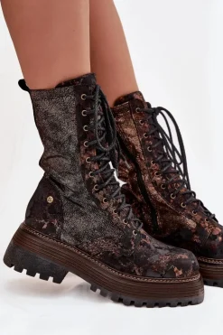 Damskie Maciejka Damskie Skórzane Botki Workery 06203-32 Brązowo-Złote