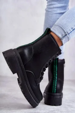 Best Evento Damskie Skórzane Botki Workery Czarne Denila