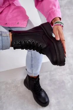 Best Evento Damskie Skórzane Botki Workery Czarne Denila