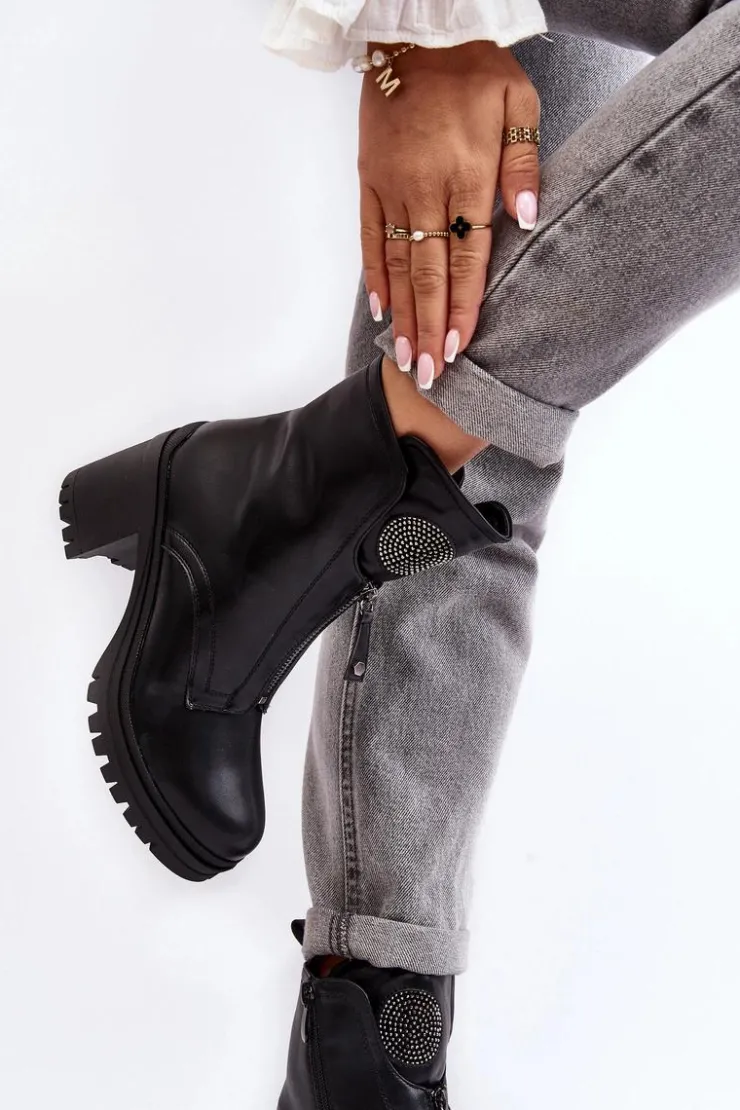 Damskie Buty damskie Vinceza Damskie Skórzane Botki Z Dżetami Czarne Rosie