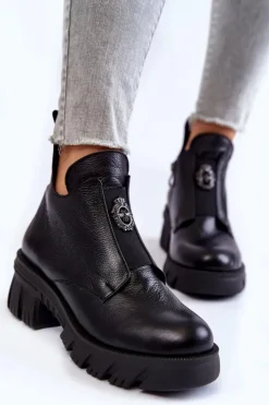 Boto Czarne Botki|Botki Zimowe Damskie*Damskie Skórzane Botki Z Ozdobą Czarne Maley