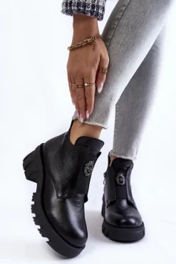 Boto Czarne Botki|Botki Zimowe Damskie*Damskie Skórzane Botki Z Ozdobą Czarne Maley