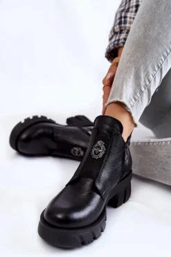 Boto Czarne Botki|Botki Zimowe Damskie*Damskie Skórzane Botki Z Ozdobą Czarne Maley