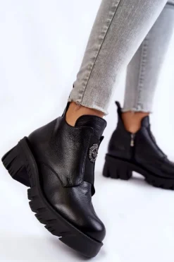 Boto Czarne Botki|Botki Zimowe Damskie*Damskie Skórzane Botki Z Ozdobą Czarne Maley