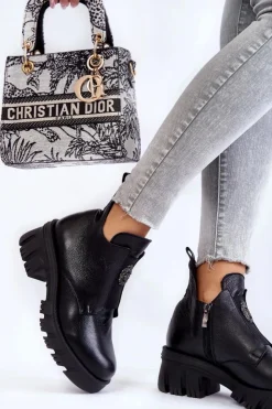 Boto Czarne Botki|Botki Zimowe Damskie*Damskie Skórzane Botki Z Ozdobą Czarne Maley