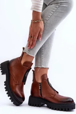 Hot Boto Damskie Skórzane Botki Z Ozdobą Brązowe Lemar Lusanna