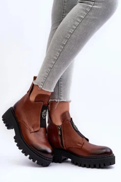 Hot Boto Damskie Skórzane Botki Z Ozdobą Brązowe Lemar Lusanna