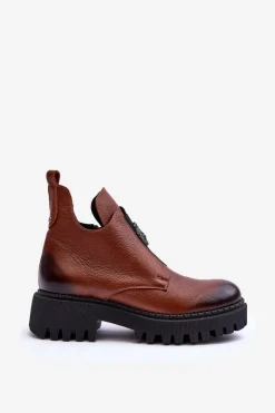 Hot Boto Damskie Skórzane Botki Z Ozdobą Brązowe Lemar Lusanna