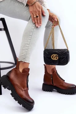 Hot Boto Damskie Skórzane Botki Z Ozdobą Brązowe Lemar Lusanna