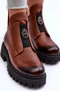 Hot Boto Damskie Skórzane Botki Z Ozdobą Brązowe Lemar Lusanna