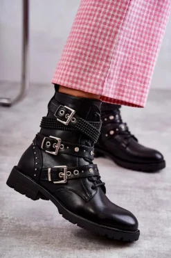 Boto Botki Sznurowane|Czarne Botki*Damskie Skórzane Botki Z Ozdobnymi Paskami Czarne Russo