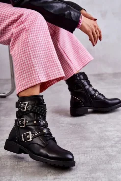 Boto Botki Sznurowane|Czarne Botki*Damskie Skórzane Botki Z Ozdobnymi Paskami Czarne Russo