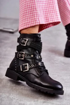 Boto Botki Sznurowane|Czarne Botki*Damskie Skórzane Botki Z Ozdobnymi Paskami Czarne Russo