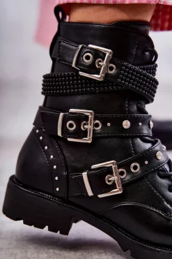 Boto Botki Sznurowane|Czarne Botki*Damskie Skórzane Botki Z Ozdobnymi Paskami Czarne Russo