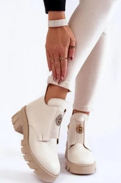 Boto Botki Zimowe Damskie|Brązowe I Beżowe Botki*Damskie Skórzane Botki Z Ozdobą Jasnobeżowe Lemar Maley