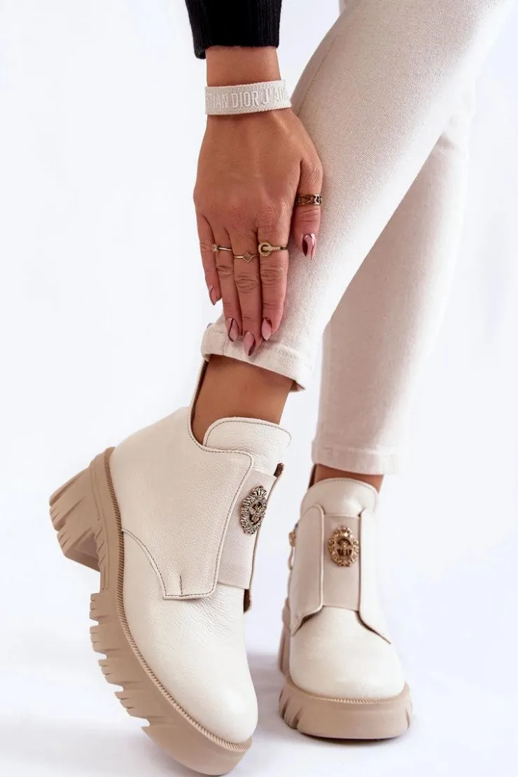 Boto Botki Zimowe Damskie|Brązowe I Beżowe Botki*Damskie Skórzane Botki Z Ozdobą Jasnobeżowe Lemar Maley