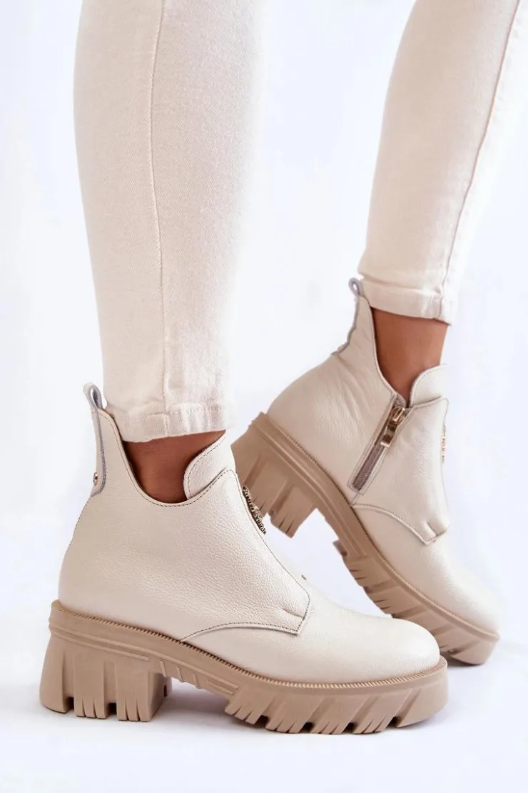 Boto Botki Zimowe Damskie|Brązowe I Beżowe Botki*Damskie Skórzane Botki Z Ozdobą Jasnobeżowe Lemar Maley